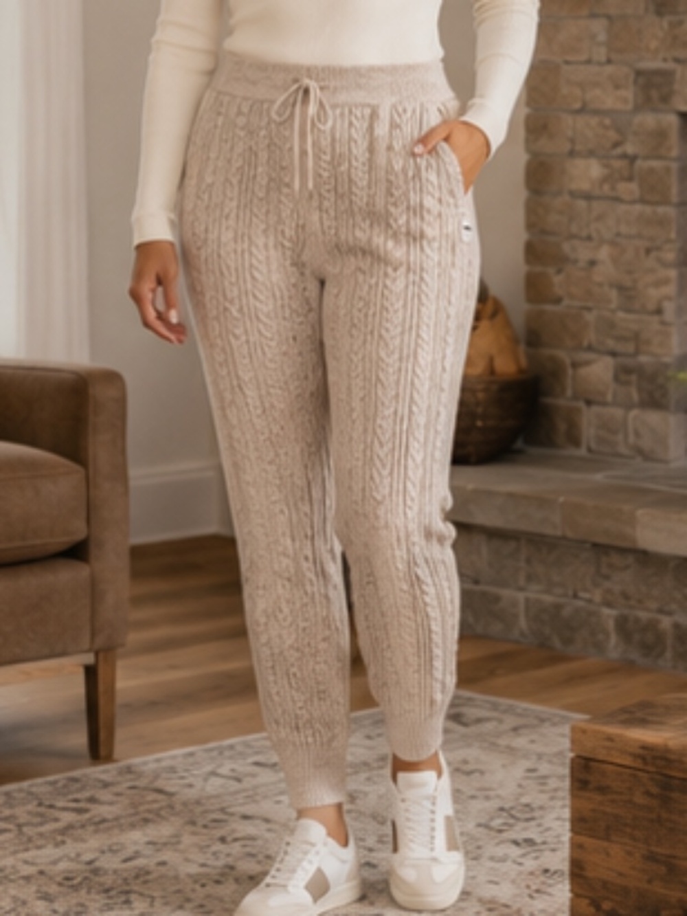DKNY Sport Cable Knit Sweater Jogger Pants Oatmeal Size M NWOT